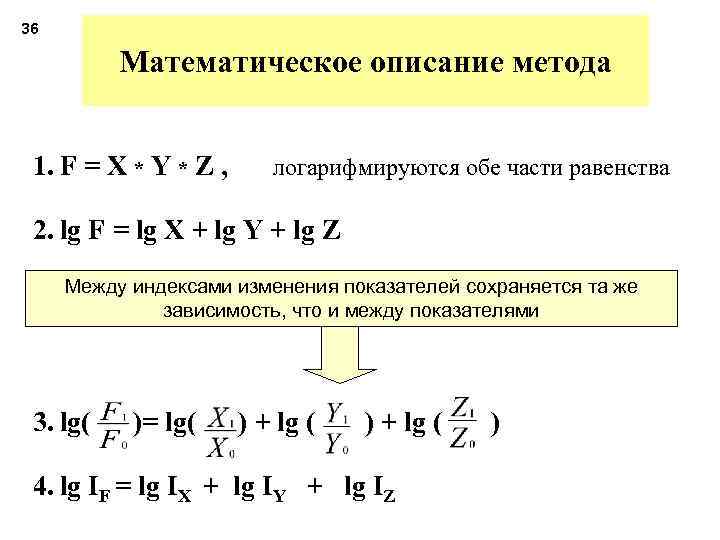 36 Математическое описание метода 1. F = X * Y * Z , логарифмируются
