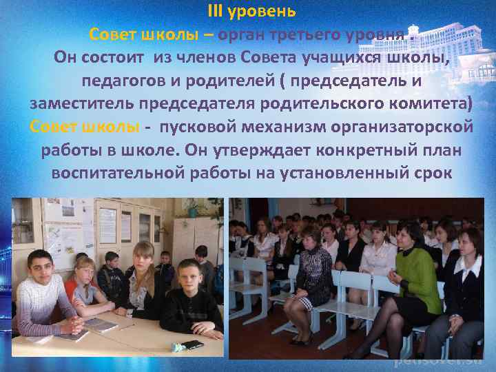 III уровень Совет школы – орган третьего уровня. Он состоит из членов Совета учащихся
