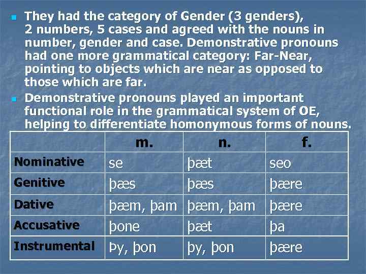 n n They had the category of Gender (3 genders), 2 numbers, 5 cases