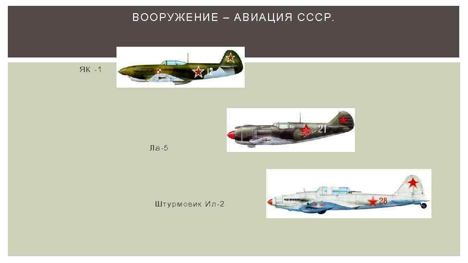 ВООРУЖЕНИЕ – АВИАЦИЯ СССР. Истребители: Як-1 ЯК -1 Ла-5 Штурмовик Ил-2 