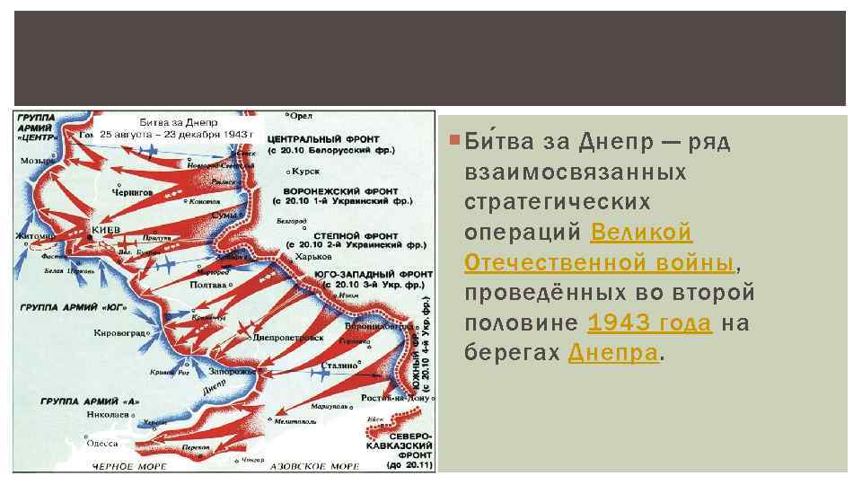  Би т ва за Днепр — ряд взаимосвязанных стратегических операций Великой Отечественной войны,