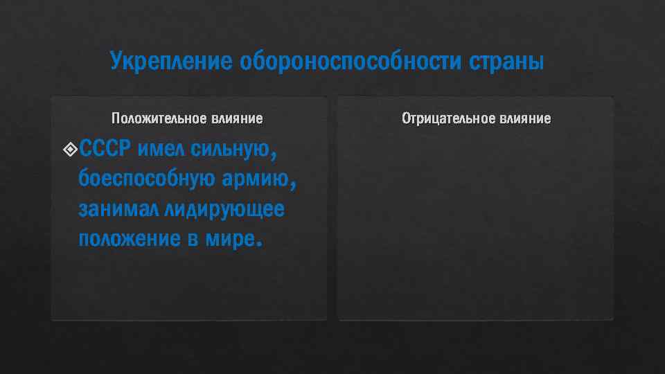 Укрепление обороноспособности страны Положительное влияние СССР имел сильную, боеспособную армию, занимал лидирующее положение в