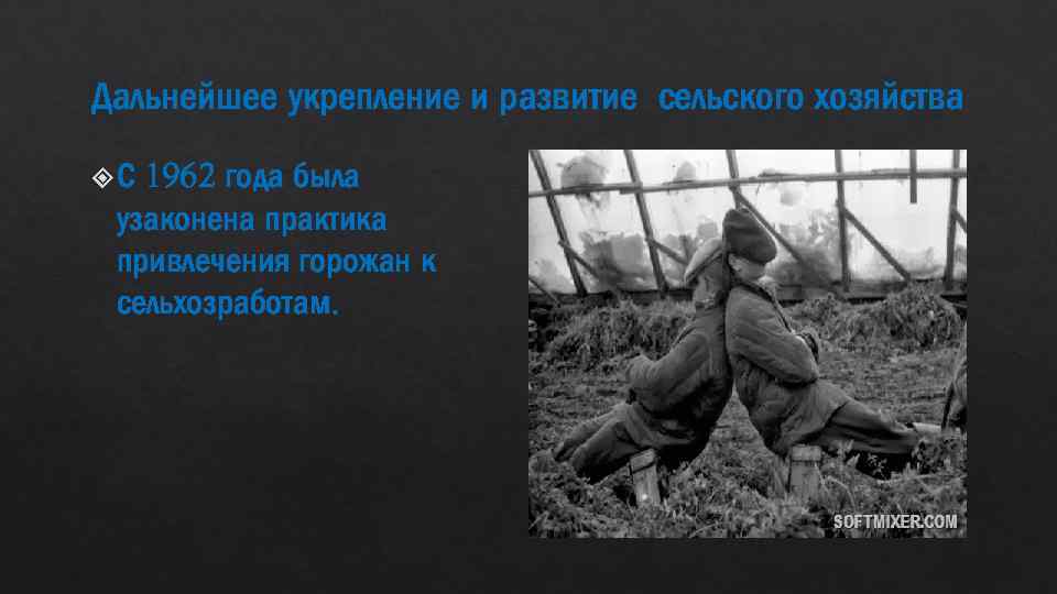 Дальнейшее укрепление и развитие сельского хозяйства 1962 года была узаконена практика привлечения горожан к