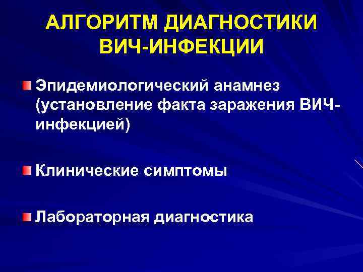 АЛГОРИТМ ДИАГНОСТИКИ ВИЧ-ИНФЕКЦИИ Эпидемиологический анамнез (установление факта заражения ВИЧинфекцией) Клинические симптомы Лабораторная диагностика 