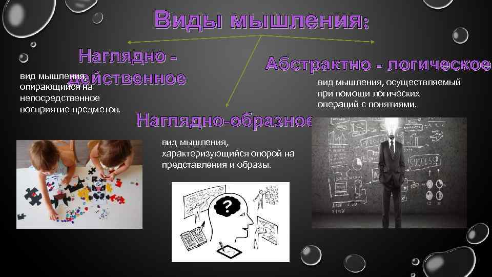 Виды мышления: Наглядно вид мышления, действенное опирающийся на непосредственное восприятие предметов. Абстрактно - логическое