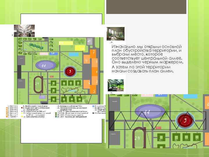 Изначально мы открыли основной план обустройства территории, и выбрали место, которое соответствует центральной аллее.