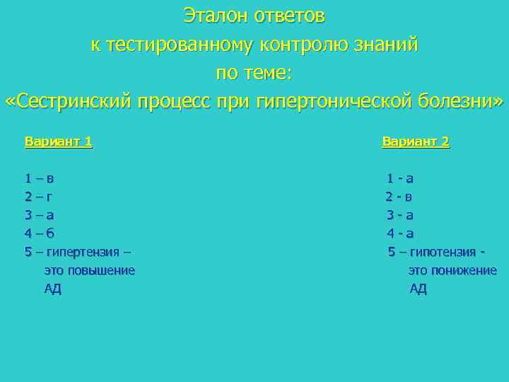 Эталон ответов по сестринскому делу