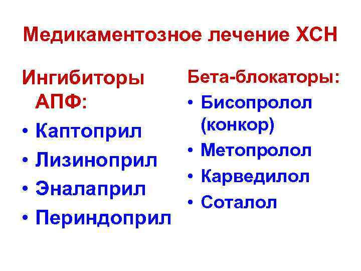 Медикаментозное лечение ХСН Ингибиторы АПФ: • Каптоприл • Лизиноприл • Эналаприл • Периндоприл Бета-блокаторы: