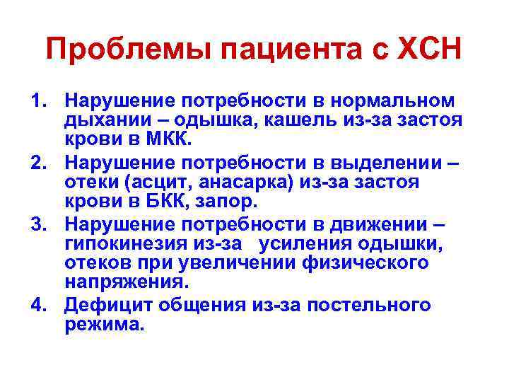 Проблемы пациента с ХСН 1. Нарушение потребности в нормальном дыхании – одышка, кашель из-за