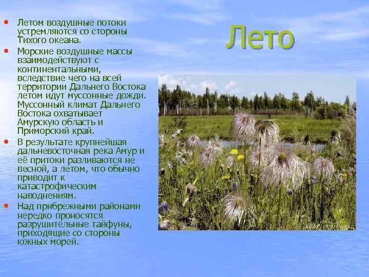  • Летом воздушные потоки • • • устремляются со стороны Тихого океана. Морские