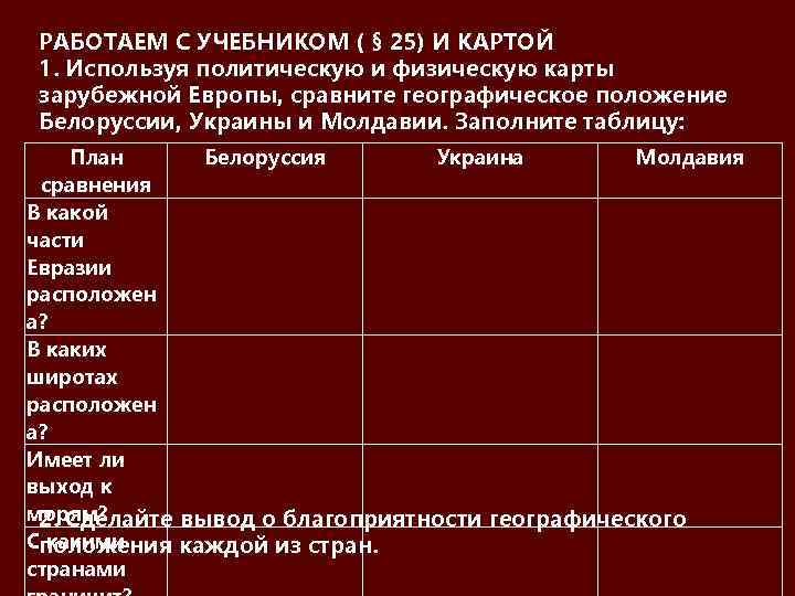 РАБОТАЕМ С УЧЕБНИКОМ ( § 25) И КАРТОЙ 1. Используя политическую и физическую карты