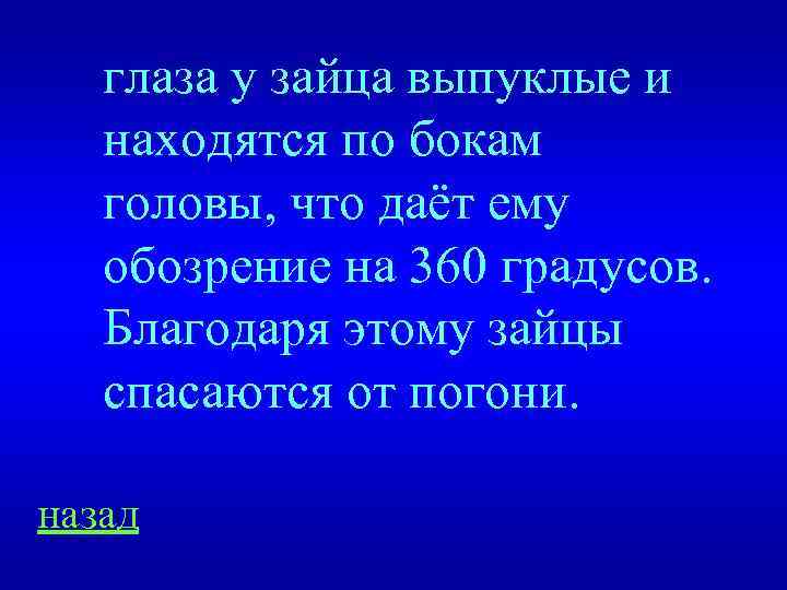 глаза у зайца выпуклые и находятся по бокам головы, что даёт ему обозрение на