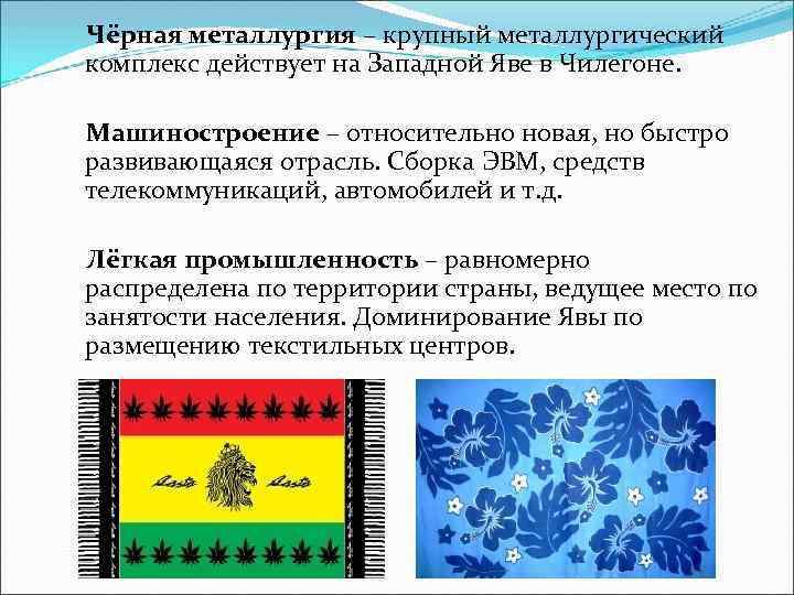 Чёрная металлургия – крупный металлургический комплекс действует на Западной Яве в Чилегоне. Машиностроение –