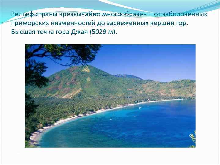 Рельеф страны чрезвычайно многообразен – от заболоченных приморских низменностей до заснеженных вершин гор. Высшая