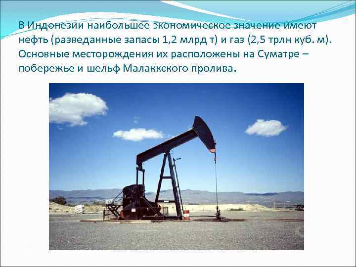 В Индонезии наибольшее экономическое значение имеют нефть (разведанные запасы 1, 2 млрд т) и