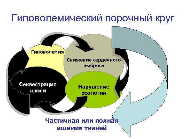 Гиповолемический порочный круг Гиповолемия Снижение сердечного выброса Секвестрация крови Нарушение реологии Частичная или полная