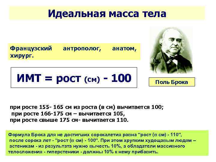 Идеальная масса тела Французский хирург. антрополог, анатом, ИМТ = рост (см) - 100 Поль