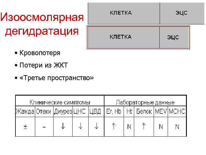 Изоосмолярная дегидратация • Кровопотеря • Потери из ЖКТ • «Третье пространство» 