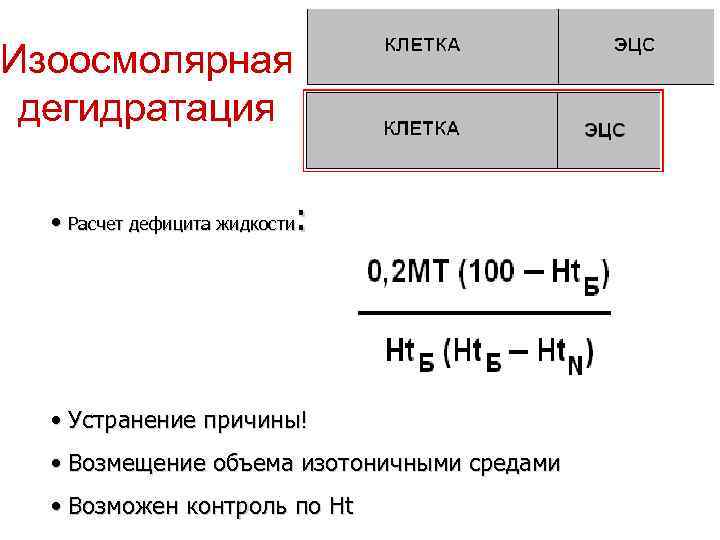 Изоосмолярная дегидратация • Расчет дефицита жидкости: • Устранение причины! • Возмещение объема изотоничными средами