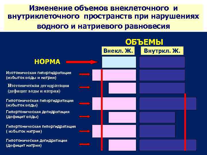 Изменение объемов внеклеточного и внутриклеточного пространств при нарушениях водного и натриевого равновесия ОБЪЕМЫ Внекл.