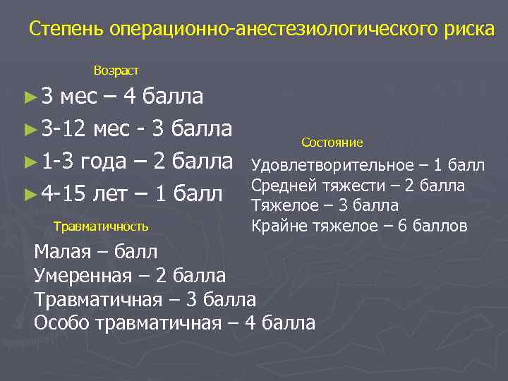 Степень операционно-анестезиологического риска Возраст ► 3 мес – 4 балла ► 3 -12 мес