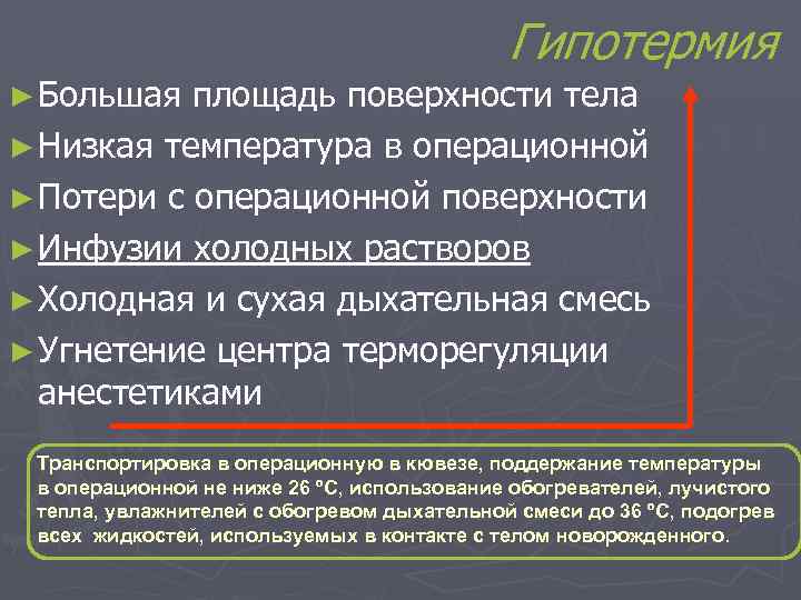 Гипотермия ► Большая площадь поверхности тела ► Низкая температура в операционной ► Потери с