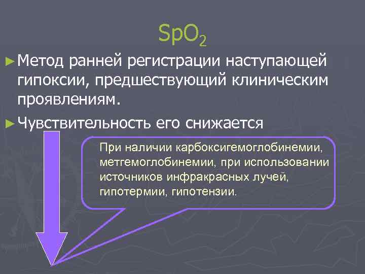 Sp. O 2 ► Метод ранней регистрации наступающей гипоксии, предшествующий клиническим проявлениям. ► Чувствительность