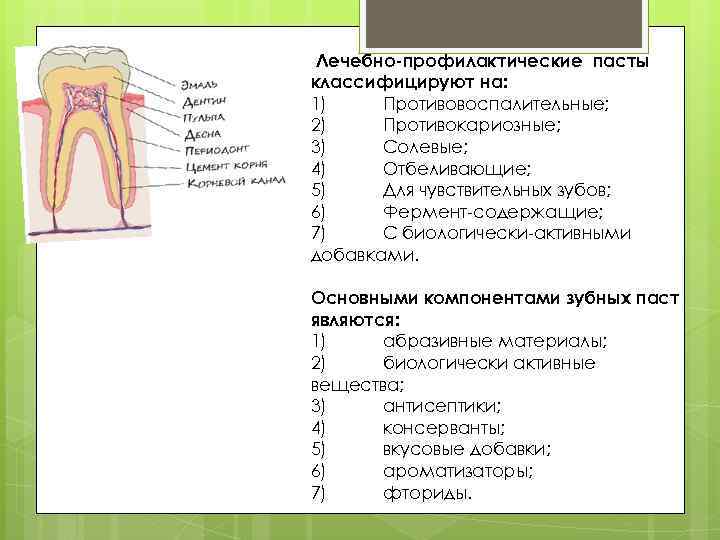 Лечебно-профилактические пасты классифицируют на: 1) Противовоспалительные; 2) Противокариозные; 3) Солевые; 4) Отбеливающие; 5) Для