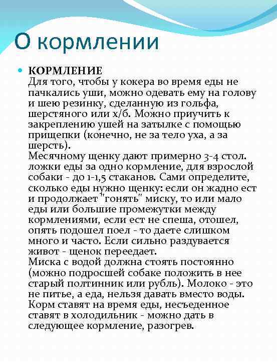 О кормлении КОРМЛЕНИЕ Для того, чтобы у кокера во время еды не пачкались уши,