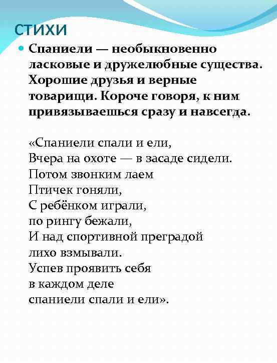 стихи Спаниели — необыкновенно ласковые и дружелюбные существа. Хорошие друзья и верные товарищи. Короче