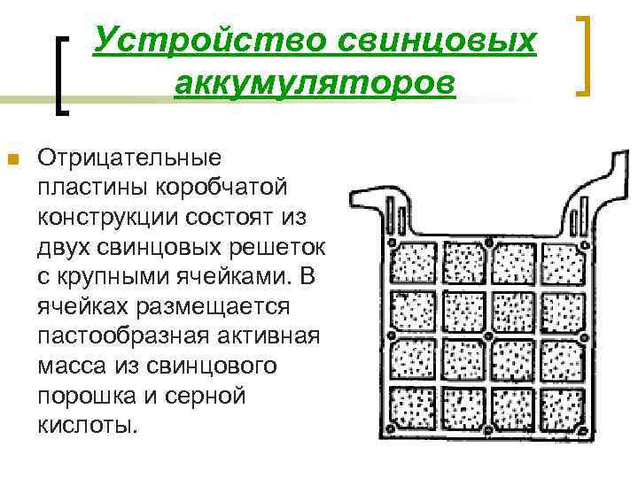 Устройство свинцовых аккумуляторов n Отрицательные пластины коробчатой конструкции состоят из двух свинцовых решеток с