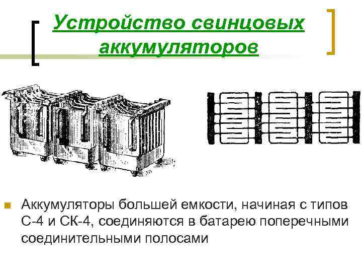 Устройство свинцовых аккумуляторов n Аккумуляторы большей емкости, начиная с типов С-4 и СК-4, соединяются