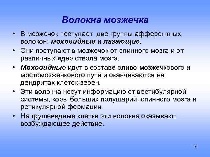 Волокна мозжечка • В мозжечок поступает две группы афферентных волокон: моховидные и лазающие. •