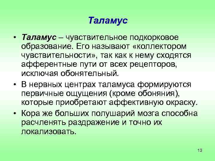 Таламус • Таламус – чувствительное подкорковое образование. Его называют «коллектором чувствительности» , так к