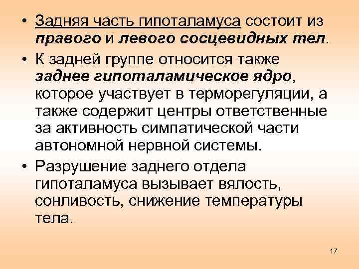  • Задняя часть гипоталамуса состоит из правого и левого сосцевидных тел. • К