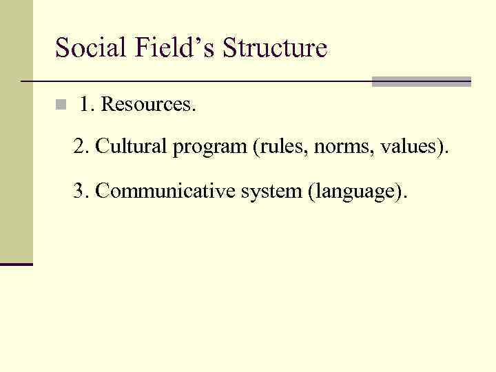 Social Field’s Structure n 1. Resources. 2. Cultural program (rules, norms, values). 3. Communicative