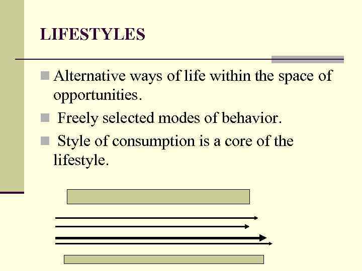 LIFESTYLES n Alternative ways of life within the space of opportunities. n Freely selected