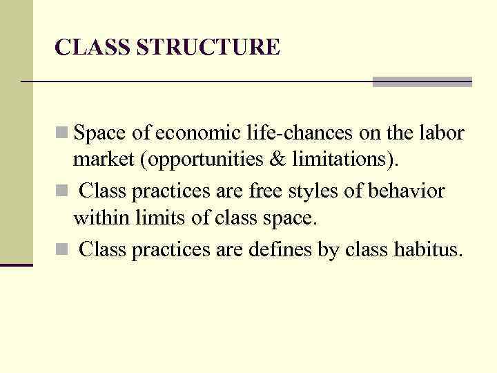 CLASS STRUCTURE n Space of economic life-chances on the labor market (opportunities & limitations).