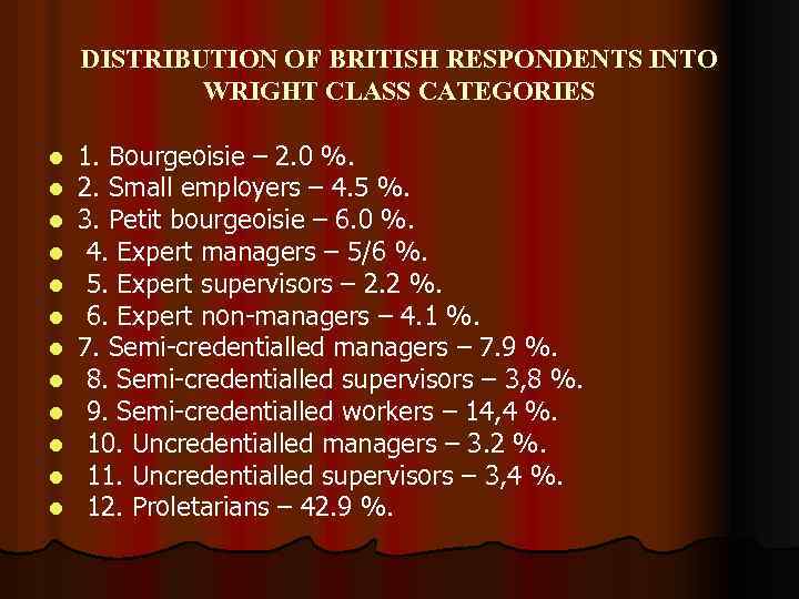 DISTRIBUTION OF BRITISH RESPONDENTS INTO WRIGHT CLASS CATEGORIES l l l 1. Bourgeoisie –