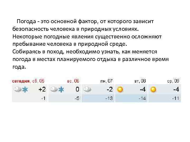  Погода - это основной фактор, от которого зависит безопасность человека в природных условиях.