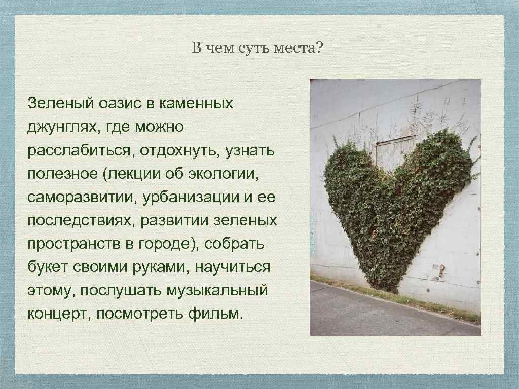В чем суть места? Зеленый оазис в каменных джунглях, где можно расслабиться, отдохнуть, узнать