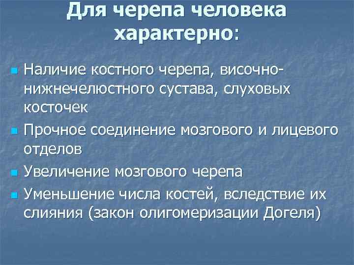 Для черепа человека характерно: n n Наличие костного черепа, височнонижнечелюстного сустава, слуховых косточек Прочное