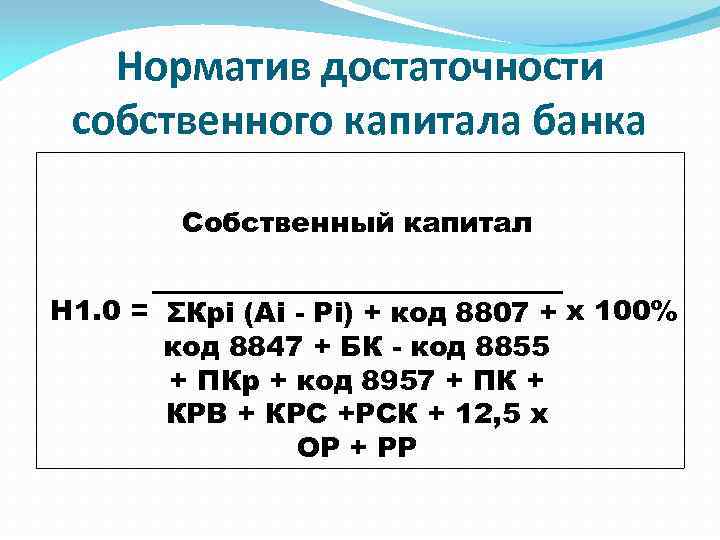Норматив достаточности собственного капитала банка Собственный капитал Н 1. 0 = ΣКpi (Ai -