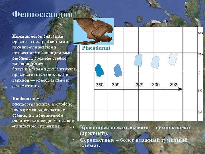 Фенноскандия Нижний девон слагается красно- и пестроцветными песчано-глинистыми отложениями с панцирными рыбами, в среднем