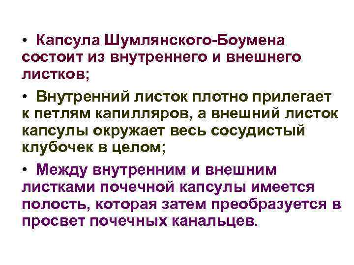  • Капсула Шумлянского-Боумена состоит из внутреннего и внешнего листков; • Внутренний листок плотно