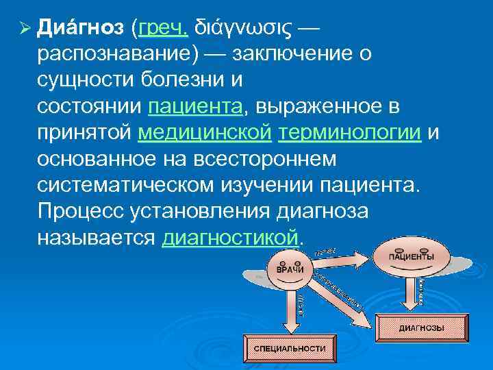 Ø Диáгноз (греч. διάγνωσις — распознавание) — заключение о сущности болезни и состоянии пациента,