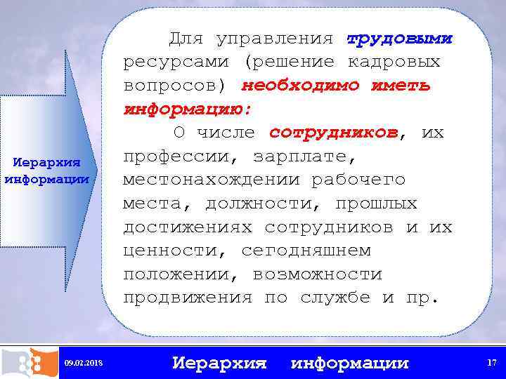 Иерархия информации 09. 02. 2018 Для управления трудовыми ресурсами (решение кадровых вопросов) необходимо иметь