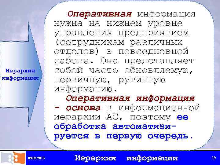 Иерархия информации 09. 02. 2018 Оперативная информация нужна на нижнем уровне управления предприятием (сотрудникам