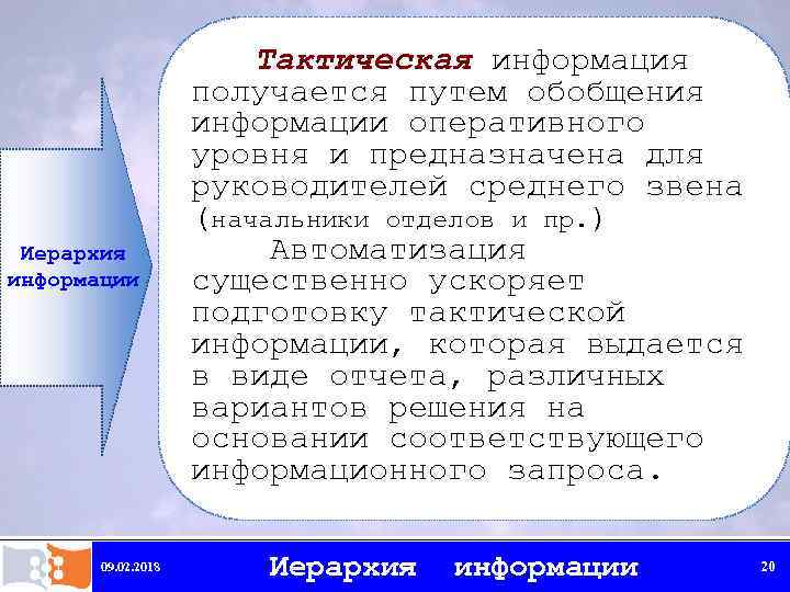 Иерархия информации 09. 02. 2018 Тактическая информация получается путем обобщения информации оперативного уровня и