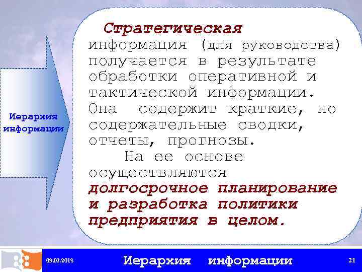 Иерархия информации 09. 02. 2018 Стратегическая информация (для руководства) получается в результате обработки оперативной
